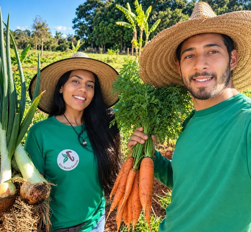 JK e Paula na horta segurando a colheita